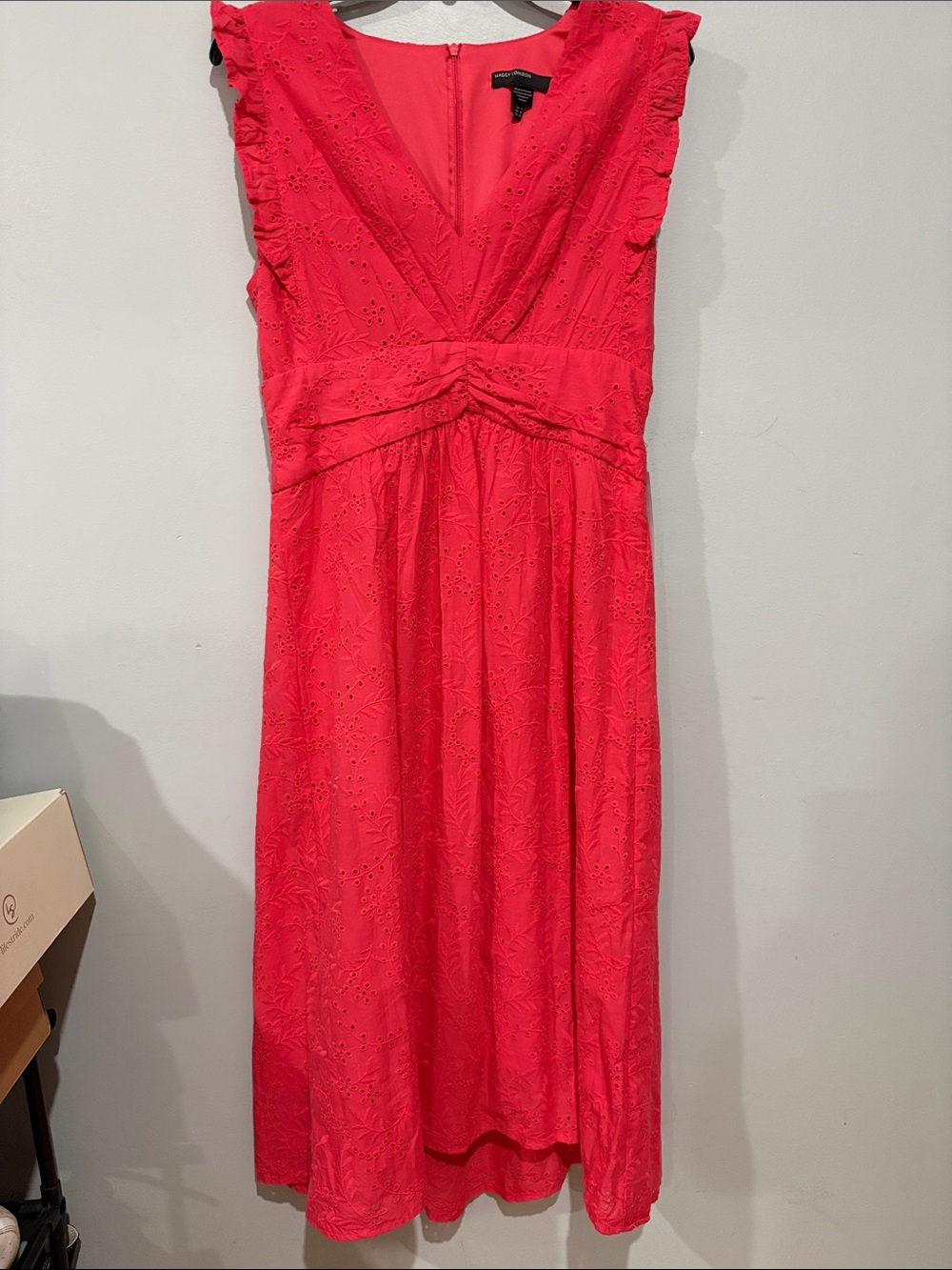 Maggy London Coral Pink Eyelet V-Neck Midi Dress